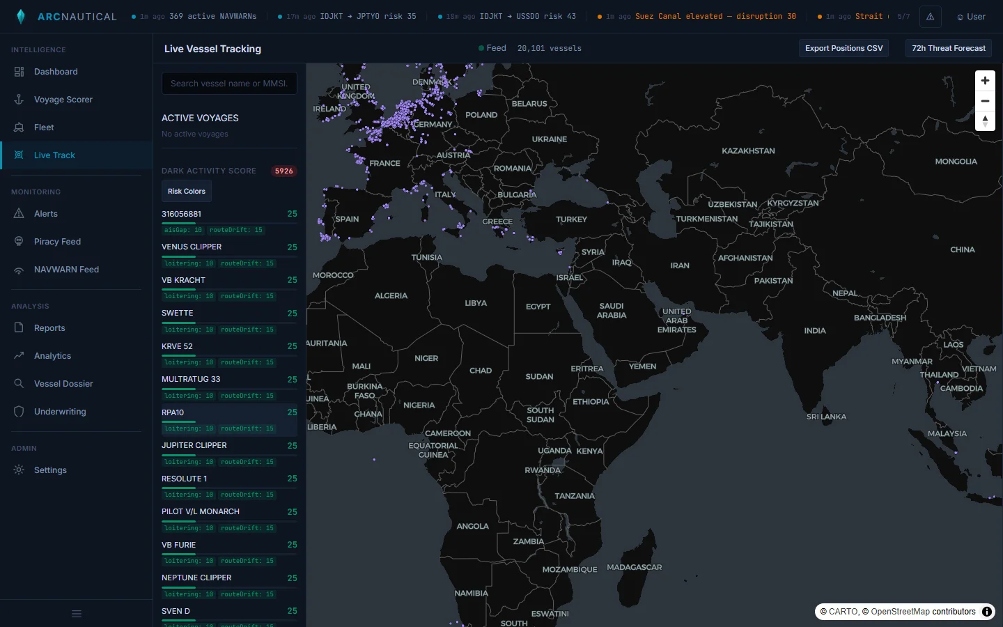 Live vessel tracking map showing multiple vessel positions with threat overlays