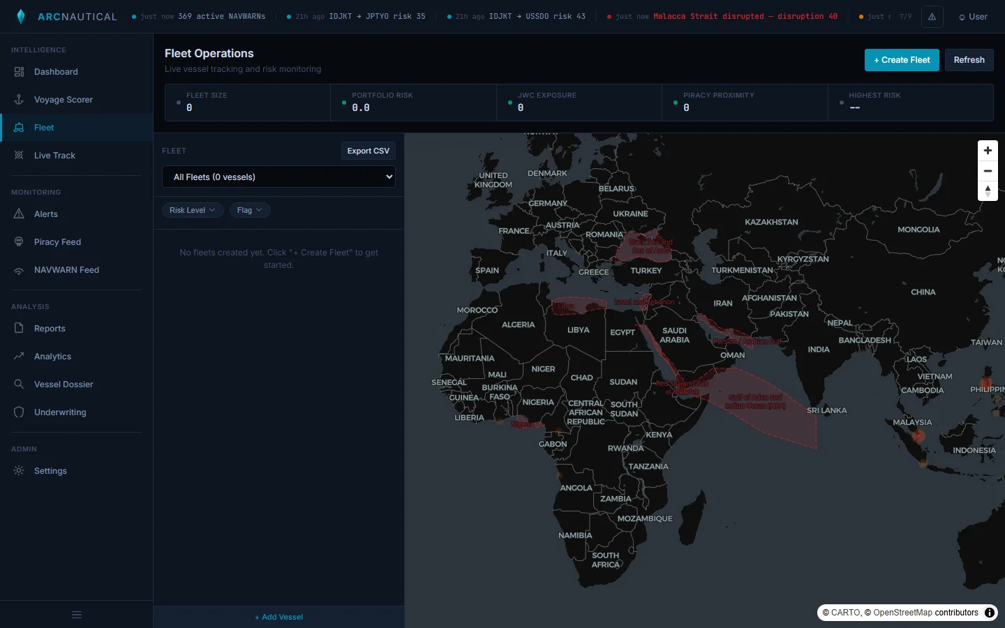 Fleet Operations page showing 5 vessels with map overlay of JWC listed areas in red