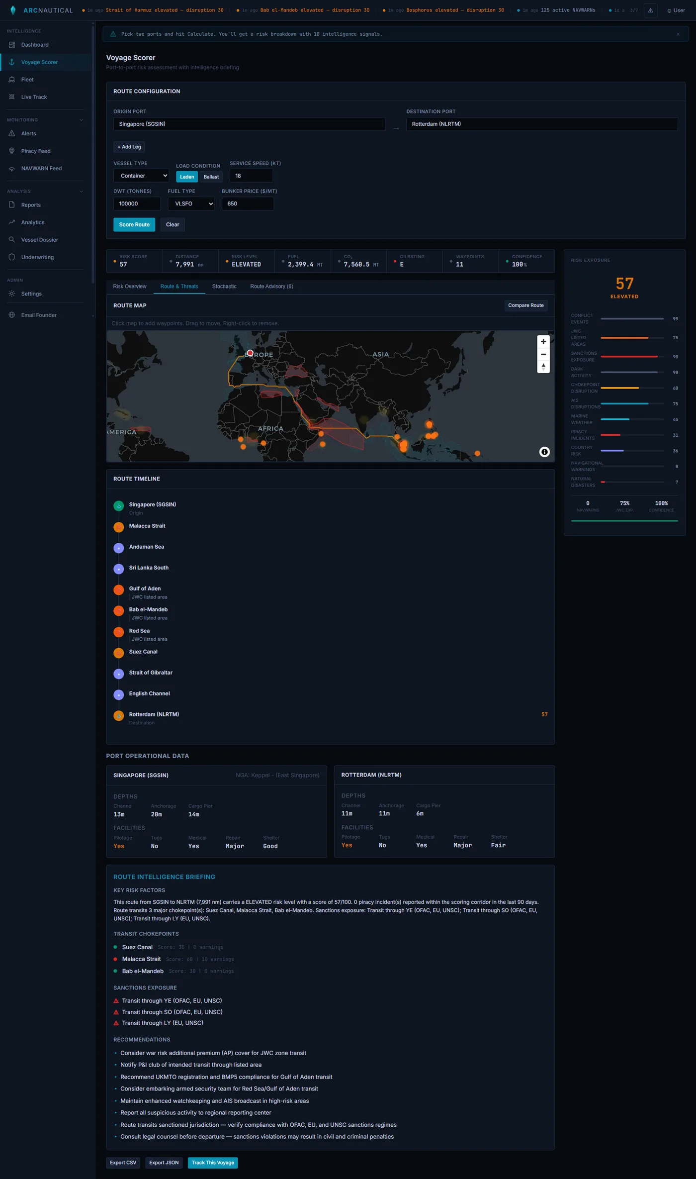 Singapore to Rotterdam route via Malacca Strait, Sri Lanka, Bab el-Mandeb, Suez Canal, and Gibraltar