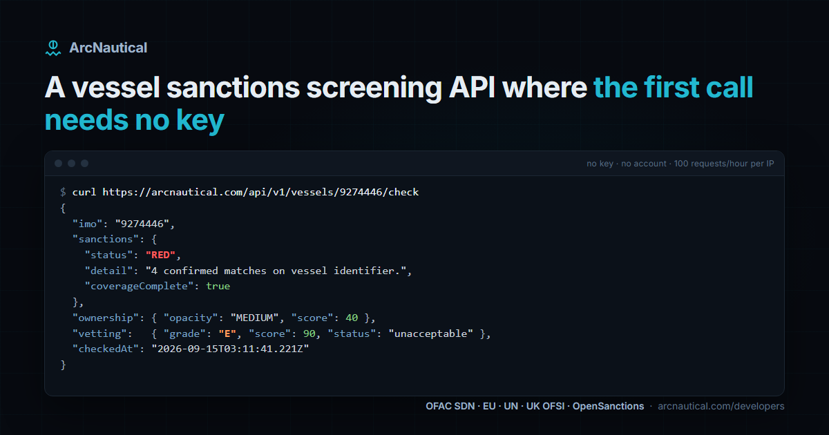 A vessel sanctions screening API where the first call needs no key